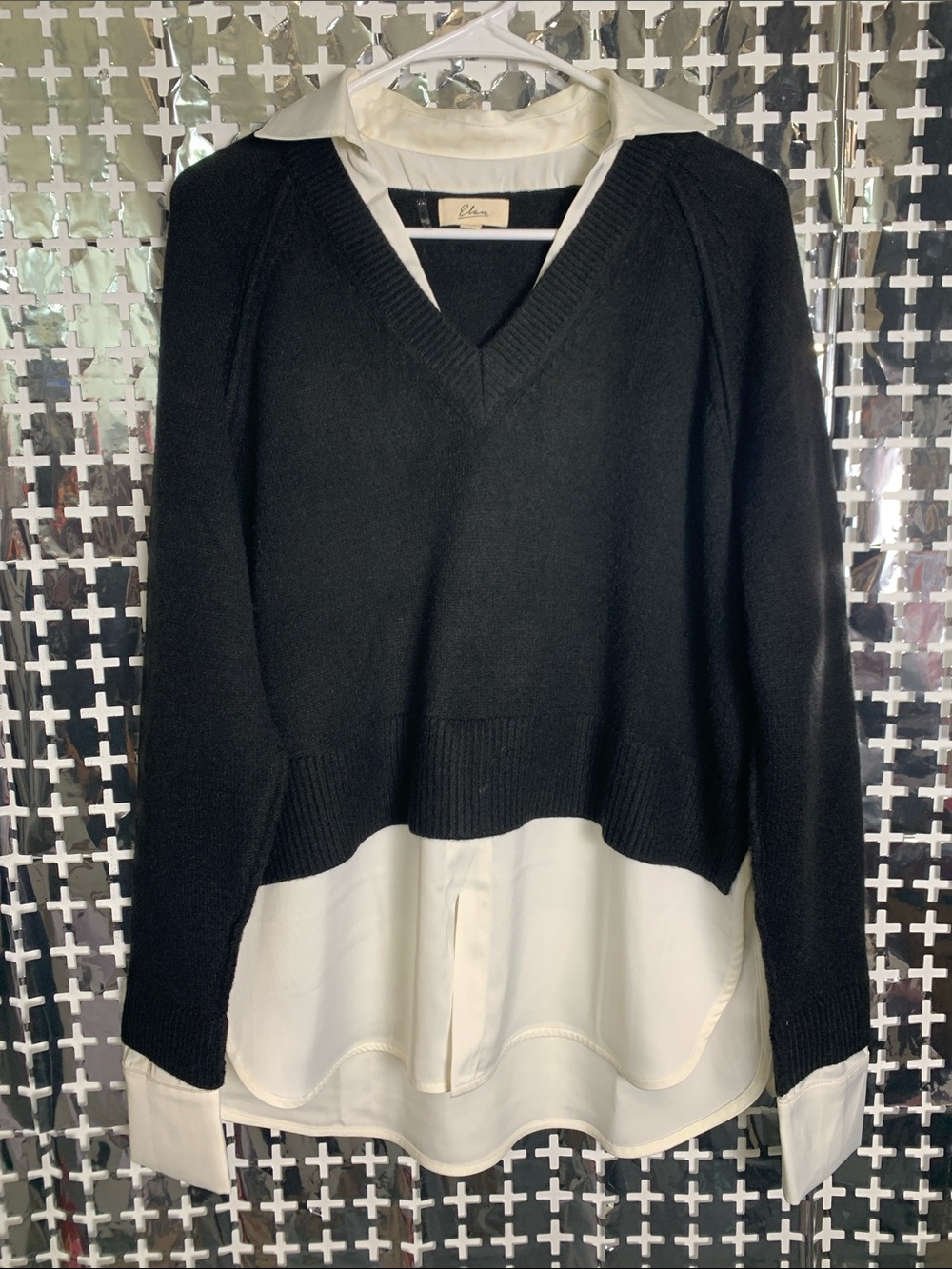 Elan Black V-Neck Layered Sweater with White Shirt Hem